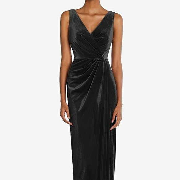 After Six 6861...Draped Skirt Faux Wrap Velvet Maxi Dress...Black...Size S - Picture 1 of 7